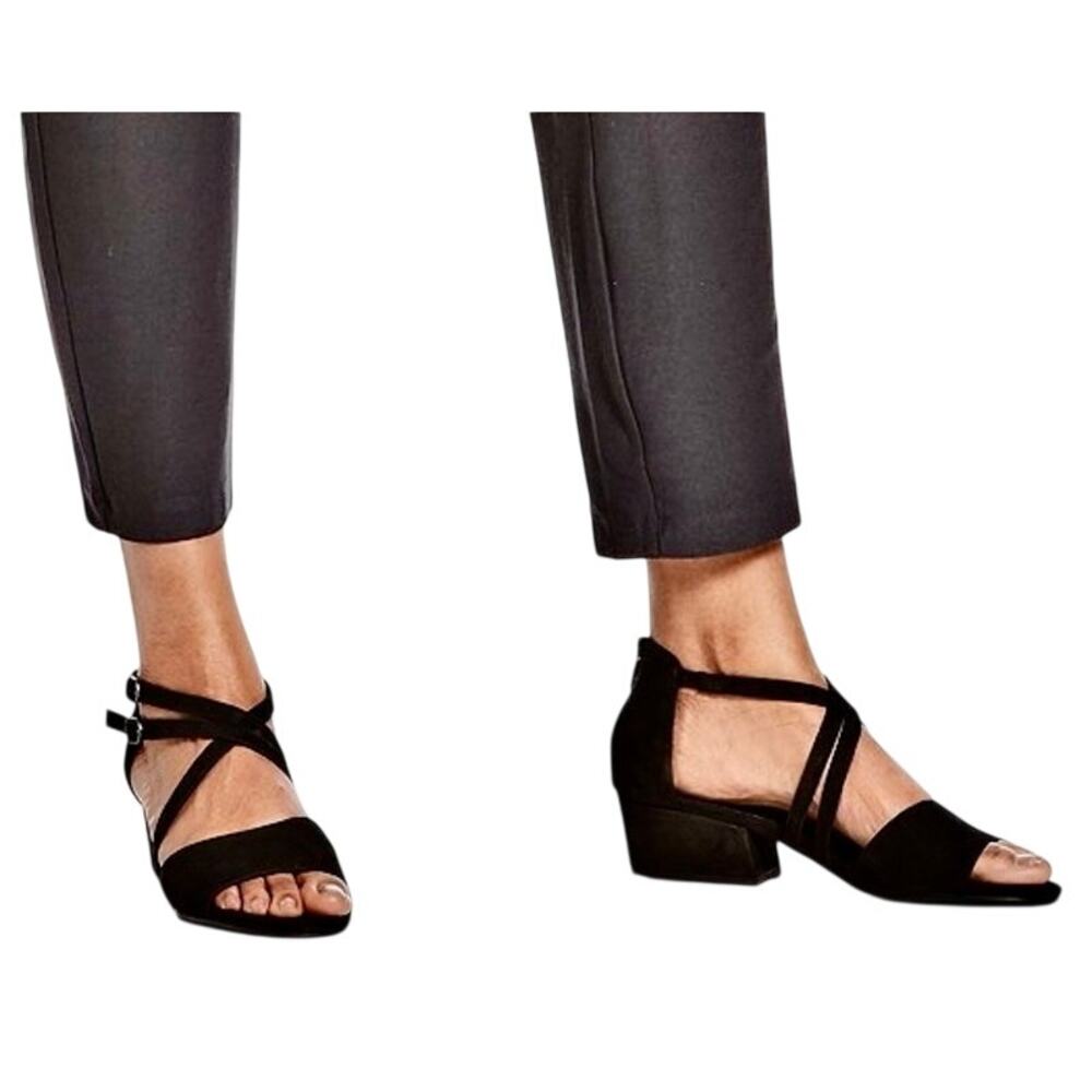 Eileen Fisher Kyra Black Nubuck Leather Strappy Sandals Block Heel Back Zip 7.5